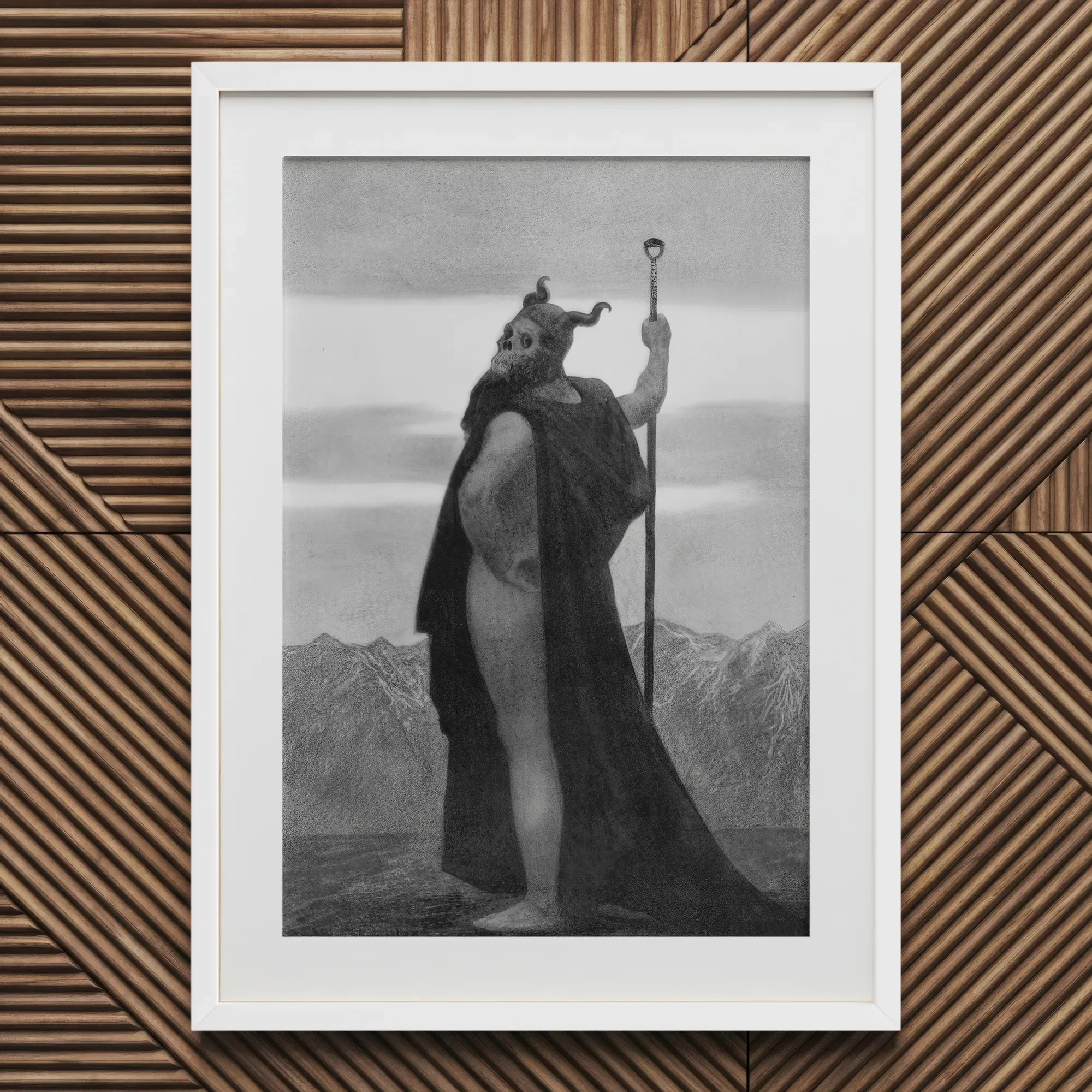 Death - Sascha Schneider Art Print, 20x30’’ / 51x76cm / White Frame / 2’’ Matboard, Framed Black White Print Horned Bearded Figure Cape
