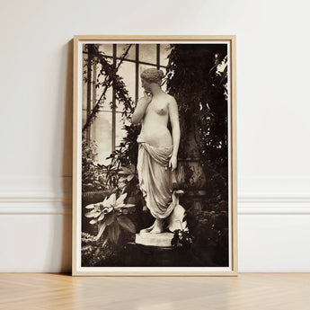 Sculpture of Venus Art Print / Canvas Framed Black-and-white Photograph Classical Marble Statue Elegantly Draped Turns, Sepia Toning Warms,