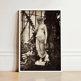 Sculpture of Venus Art Print / Canvas Framed Black-and-white Photograph Classical Marble Statue Draped Female Turns, Sepia Toning Warms,