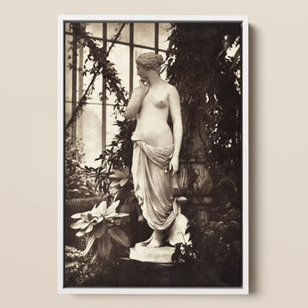 Sculpture of Venus Art Print / Canvas Framed Black-and-white Photograph Classical Marble Statue Draped Female Turns, Sepia Toning Warms,