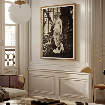 Sculpture of Venus Art Print / Canvas Framed Black-and-white Photograph Classical Statue Garden Encased Elegant Marble Turns, Sepia Toning