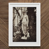 Sculpture of Venus Art Print / Canvas White-framed Black-and-white Photograph Classical Marble Statue Draped Fabric Turns, Sepia Toning