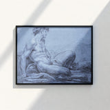 Black-framed Charcoal Sketch Muscular Nude Male Figure Seated Taut Emerges, Graphite Ether, Spectral Strata