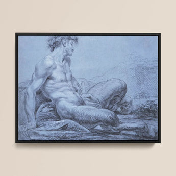 A Seated Faun - Jean Restout Ii (the Younger) Art Print / Canvas Black-framed Artwork Monochromatic Blue-gray Sketch Muscular Nude Male