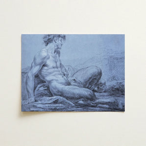 A Seated Faun - Jean Restout Ii (the Younger) Art Print / Canvas Blue-toned Sketch Muscular Nude Male Figure Rocks Taut Emerges, Graphite