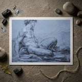 A Seated Faun - Jean Restout Ii (the Younger) Art Print / Canvas Monochromatic Charcoal Sketch Muscular Nude Male Figure Taut Emerges,