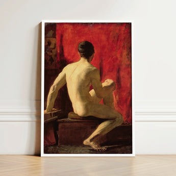 Framed Reproduction Classical Painting Nude Male Figure Seated William Etty’s Model, Oil Surface Catches, Torso Illuminated