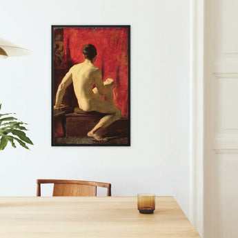 Seated Male Model - William Etty Art Print / Canvas Black-framed Artwork Nude Figure Vibrant Red Background Etty’s, Oil Surface Catches,