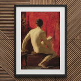 Seated Male Model - William Etty Art Print / Canvas Black Framed Nude Figure Painting Red Background Etty’s, Oil Surface Catches, Torso