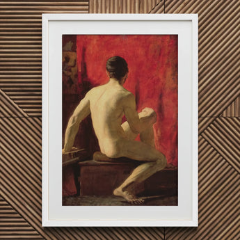 Seated Male Model - William Etty Art Print / Canvas White Framed Nude Figure Painting Red Background Etty’s, Oil Surface Catches, Torso