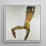 Seated Male Nude (self Portrait) - Egon Schiele Art Print / Canvas Framed Painting Figure Dynamic Pose Rendered Expressive, Bruised Ochre