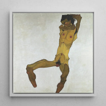 Seated Male Nude (self Portrait) - Egon Schiele Art Print / Canvas Framed Painting Figure Dynamic Pose Rendered Expressive, Bruised Ochre