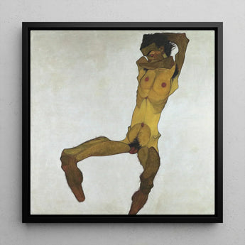 Seated Male Nude (self Portrait) - Egon Schiele Art Print / Canvas Framed Reproduction Schiele’s ?The Model (yellow)” Dynamic, Bruised Ochre P