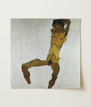 Square Canvas Egon Schiele’s Expressive Nude Figure Dynamic Seated Male, Schiele Art Print, Bruised Ochre