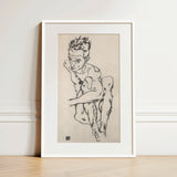 Seated Male Nude (self-portrait) - Egon Schiele Fine Art Print / Canvas, 12x18’’ / 31x46cm / White Frame / Matboard, Posters Prints &