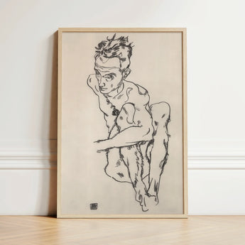 Minimalist Wooden-framed Sketch Nude Figure Dynamic Pose Rendered Egon Schiele Fine, Line Quivers, Remembers Pain