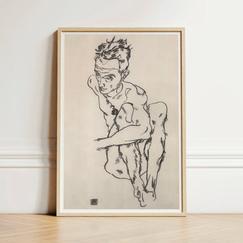 Minimalist Black Ink Sketch Nude Figure Motion Framed Egon Schiele Fine, Line Quivers, Remembers Pain