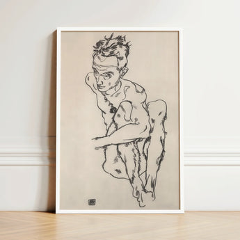 Minimalist White-framed Artwork Dynamic Black Ink Sketch Nude Egon Schiele Fine, Line Quivers, Remembers Pain