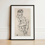 Seated Male Nude (self-portrait) - Egon Schiele Fine Art Print / Canvas Black-framed Artwork Sketch Figure Dynamic Pose Rendered, Line
