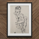 Seated Male Nude (self-portrait) - Egon Schiele Fine Art Print / Canvas Black Framed Sketch Figure Detailed Hair Necklace, Line Quivers,
