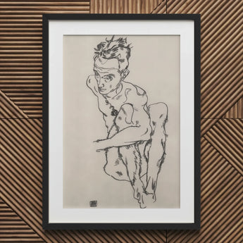 Seated Male Nude (self-portrait) - Egon Schiele Fine Art Print / Canvas Black Framed Sketch Figure Detailed Hair Necklace, Line Quivers,