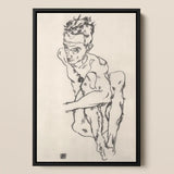Seated Male Nude (self-portrait) - Egon Schiele Fine Art Print / Canvas Black-framed Sketch Figure Dynamic Pose Rendered Expressive, Line