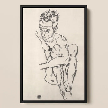 Seated Male Nude (self-portrait) - Egon Schiele Fine Art Print / Canvas Black-framed Sketch Figure Dynamic Pose Rendered Expressive, Line