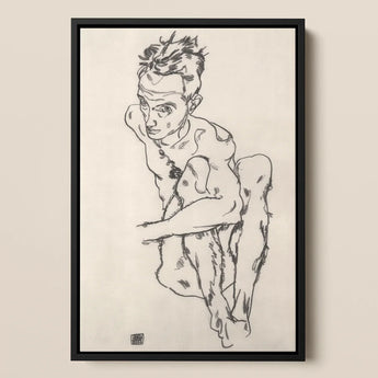 Seated Male Nude (self-portrait) - Egon Schiele Fine Art Print / Canvas Black-framed Sketch Figure Dynamic Pose Rendered Expressive, Line