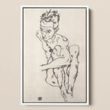 Seated Male Nude (self-portrait) - Egon Schiele Fine Art Print / Canvas Framed Black-and-white Sketch Figure Dynamic Pose Rendered, Line