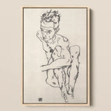 Seated Male Nude (self-portrait) - Egon Schiele Fine Art Print / Canvas Framed Black-and-white Sketch Figure Dynamic Pose Rendered, Line