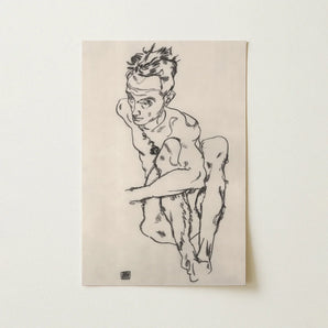Seated Male Nude (self-portrait) - Egon Schiele Fine Art Print / Canvas Minimalist Black Ink Sketch Off-white Paper Depicts, Line Quivers,