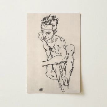 Seated Male Nude (self-portrait) - Egon Schiele Fine Art Print / Canvas Minimalist Black Ink Sketch Off-white Paper Depicts, Line Quivers,