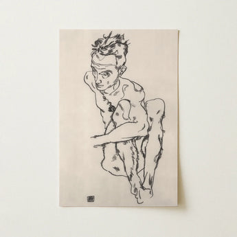 Seated Male Nude (self-portrait) - Egon Schiele Fine Art Print / Canvas Minimalist Black Ink Sketch Off-white Paper Depicts, Line Quivers,