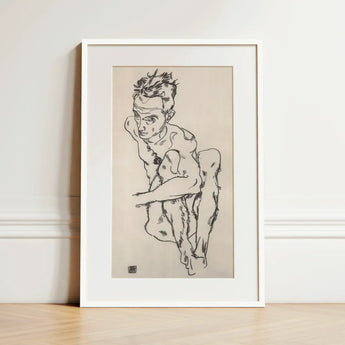 Seated Male Nude (self-portrait) - Egon Schiele Fine Art Print / Canvas Minimalist White-framed Artwork Black Ink Sketch Figure, Line