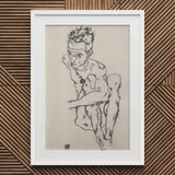 Seated Male Nude (self-portrait) - Egon Schiele Fine Art Print / Canvas White Framed Sketch Figure Dark Hair, Line Quivers, Remembers Pain