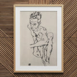 Seated Male Nude (self-portrait) - Egon Schiele Fine Art Print / Canvas Wooden Framed Sketch Figure Necklace Black White, Line Quivers,
