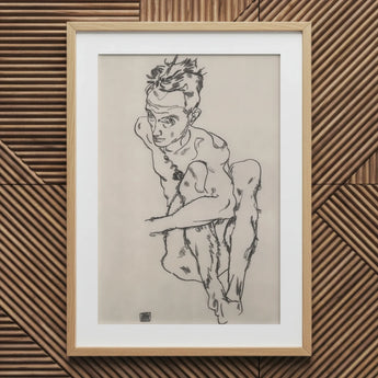 Seated Male Nude (self-portrait) - Egon Schiele Fine Art Print / Canvas Wooden Framed Sketch Figure Necklace Black White, Line Quivers,