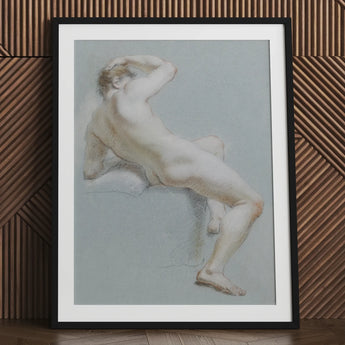 Seated Naked Man Fine Art Print / Canvas Black Framed Nude Male Figure Sketch Sits, Arm Hooked Overhead, Body Opening Prints