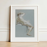 Seated Naked Man Fine Art Print / Canvas Framed Artwork Nude Male Figure Soft Pastel Tones Sits, Arm Hooked Overhead, Body Opening Prints