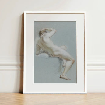 Seated Naked Man Fine Art Print / Canvas Framed Artwork Nude Male Figure Soft Pastel Tones Sits, Arm Hooked Overhead, Body Opening Prints