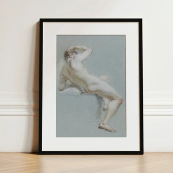Seated Naked Man Fine Art Print / Canvas Framed Soft Pale Sketch Nude Figure Sits, Arm Hooked Overhead, Body Opening Prints