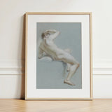 Seated Naked Man Fine Art Print / Canvas Minimalist Light Wood-framed Soft Muted-toned Sketch Sits, Arm Hooked Overhead, Body Opening Prints