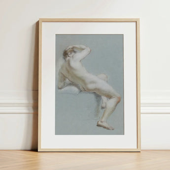 Seated Naked Man Fine Art Print / Canvas Minimalist Light Wood-framed Soft Muted-toned Sketch Sits, Arm Hooked Overhead, Body Opening Prints