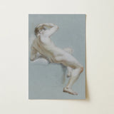 Seated Naked Man Fine Art Print / Canvas Soft-toned Watercolor Nude Male Figure Stone Surface Sits, Arm Hooked Overhead, Body Opening Prints