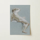 Seated Naked Man Fine Art Print / Canvas Soft-toned Watercolor Nude Male Figure Stone Surface Sits, Arm Hooked Overhead, Body Opening Prints