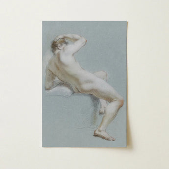 Seated Naked Man Fine Art Print / Canvas Soft-toned Watercolor Nude Male Figure Stone Surface Sits, Arm Hooked Overhead, Body Opening Prints