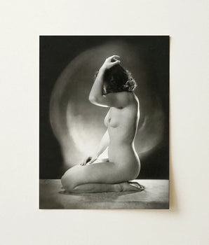 Black-and-white Photographic Print Nude Woman Hand Raised Head Inside Jacob Merkelbach’s, Leidseplein, Atelier, Hair Falls Dark, Left Palm