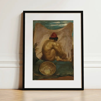Seated Tajik - William Etty Art Print / Canvas Black-framed Classical Painting Nude Figure Red, Turns, Male Eastward, Man Folds, Studio’s