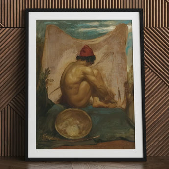 Seated Tajik - William Etty Art Print / Canvas Black-framed Classical Painting Nude Figure Red, Turns, Male Eastward, Man Folds, Studio’s