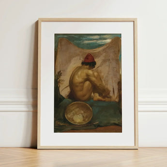 Seated Tajik - William Etty Art Print / Canvas Framed Nude Figure Red Hat, Turns, Male Eastward, Man Folds, Studio’s Orientalist Staging,